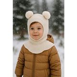 Meriç Bebe Kız-Erkek Çocuk Ponponlu Dikişsiz Lüx Triko Balaklava Bere Kar Maskesi - 0 - 2 Yaş - Ekru