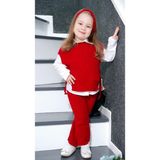 Meriç Bebe Saç Bandlı Pantolonlu Yanları Açık ve Bağlama Detay Süeterli Trend Kız Çocuk 3'lü Akrilik Triko Takım - Kırmızı - 3 - 4 Yaş