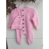 Meriç Bebe Şapkalı Düğmeli Selanik Örgü Triko Bebek Tulum - Pembe - 9 - 12 Ay
