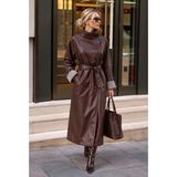 Meride Fashion Kadın Deri Uzun Trençkot – Kuşaklı, Çizgili Manşet DETAYLI-9837 Siyah - Standart Beden - Dropsuz - 0 - Siyah