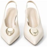 Meril Shoes Kadın Sivri Burun Gold Tokalı Slingback Topuklu Ayakkabı - Krem