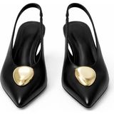 Meril Shoes Kadın Sivri Burun Gold Tokalı Slingback Topuklu Ayakkabı - Siyah