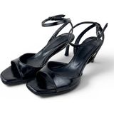 Meril Shoes Nera Siyah Cilt Deri Bilekten Bağlamalı Küt Burun Topuklu Ayakkabı