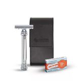 Merkur Premium Tıraş Seti 5004 | Merkur 38C Tıraş Makinesi, 10 Adet Çift Bıçak Ve Siyah Deri Çantadan Oluşan Paket | Seyahat İçin İdeal | İki Parçalı Düz Kesim Jilet | Parlak Krom
