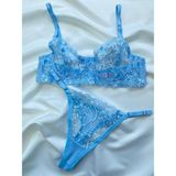 Merlif Lingerie Açık Bebe Mavisi Büyük Beden C Cup Dantelli Brode Iç Çamaşır Takımı Bralette (Balenli Sütyen &tanga) - 100C - Açık Mavi