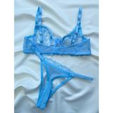 Merlif Lingerie Büyük Beden Açık Bebe Mavisi Dantelli Brode Iç Çamaşır Takımı Bralette (Balenli Sütyen &tanga) - Açık Mavi - 95C