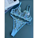 Merlif Lingerie Büyük Beden C Cup Mavi Çıtır Desen Çiçekli Iç Çamaşır Takımı Kadın Bralette Balenli Sütyen & Tanga String Sevgililer Günü - 90C - 00404 Mavi