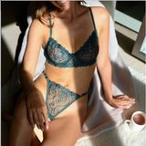 Merlif Lingerie Zümrüt Koyu Yeşil Dantelli Brode Iç Çamaşır Takımı Bralette (Balenli Sütyen &tanga) Sevgililer günü - 90B - Yeşil - Koyu Yeşil