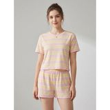 Merlot Pembe Sarı Çizgili T-Shirt Şort Örme Şortlu Takım - 36 - Karışık