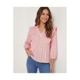 Merlot V Yaka Fırfırlı 3/4 Kol Bluz Pembe