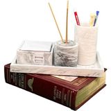 Mermer Desenli 4 Parça Ofis Seti Kalemlik Notluk Kokuluk Tepsi Organizer Set - 1 - Gri