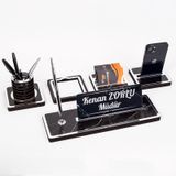 Mermer Desenli 5 Parça Ahşap Masa İsimliği Gümüş Ofis İsimlik