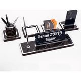 Mermer Desenli 5 Parça Gümüş İsimlik Sepeti Ahşap Masa Kartvizitlik Ölçüler 32cm x 11cm