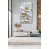 Mermer Fonda 3D Altın Efekt Beyaz Çiçekler Dikey Kanvas Tablo Tekli 3938