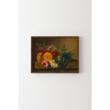 Mermer Masa Üstünde Vazoda Çiçekler - Ahşap Desenli Çerçeve, Ceviz, 32 x 42