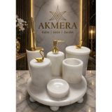 Mermer Top Ayaklı Standlı 7 Parça Lüks Banyo Seti Altın - Beyaz