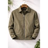 Mero Life Erkek Basic Old Money Fermuarlı Oversize Mevsimlik Polo Yaka Gabardin Kumaş Ceket - Haki