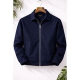 Mero Life Erkek Basic Old Money Fermuarlı Oversize Mevsimlik Polo Yaka Gabardin Kumaş Ceket - Lacivert