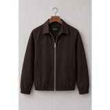 Mero Life Erkek Basic Old Money Fermuarlı Oversize Mevsimlik Polo Yaka Gabardin Kumaş Ceket - XL - Kahverengi