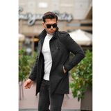 Mero Life Erkek Dar Kesim Dik Yaka Uzun Yün Karışımlı Koyu Desenli Kaşe Kaban - Koyu Gri - 5XL