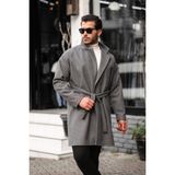 Mero Life Erkek Gri Kemerli Oversize Rahat Kesim Kaşe Kaban - XL
