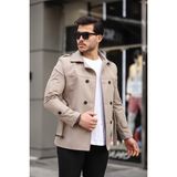 Mero Life Erkek Krem Mevsimlik Astarlı Kemerli Kruvaze Trençkot - 2XL - Koyu Krem