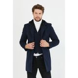 Mero Life Erkek Lacivert Yün Karışımlı Kaşe Kapüşonlu Önü Fermuarlı ve Düğmeli Uzun Kaban - 5XL