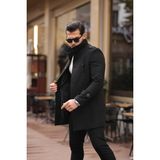 Mero Life Erkek Siyah Ezel Dar Kesim Dik Yaka Uzun Kaşe Kaban - 2XL