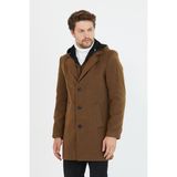 Mero Life Erkek Taba Yün Karışımlı Kaşe Kapüşonlu Önü Fermuarlı ve Düğmeli Uzun Kaban - 5XL