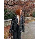 Mero Life Kadın Siyah Oversize Içi Kürklü Kemerli Biker Deri Ceket