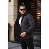 Mero Life Outdoor Kapüşonlu Su ve Rüzgar Geçirmez Kapitone Içi Kürklü Elyaf Dolgulu Şişme Gri Softshell Mont - 2XL