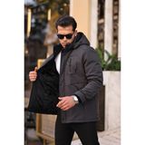 Mero Life Outdoor Kapüşonlu Su ve Rüzgar Geçirmez Kapitone Içi Kürklü Elyaf Dolgulu Şişme Gri Softshell Mont - XL