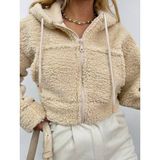 Meros Atelier Kapşonlu Suni Kürklü Bej Crop Ceket - 02S-Bej