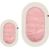 Merplush Peluş Banyo Paspası Takımı 2'li 60X100 + 40X60 cm Iç Ilmekli Halat Kenarlı Süet Taban - Pembe - Krem
