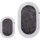 Merplush Peluş Banyo Paspası Takımı 2'li 60X100 + 40X60 cm Örgü Halat Kenarlı Süet Taban - Antrasit - Gümüş