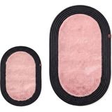 Merplush Peluş Banyo Paspası Takımı 2'li 60X100 + 40X60 cm Örgü Halat Kenarlı Süet Taban - Pembe - Siyah