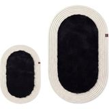 Merplush Peluş Banyo Paspası Takımı 2'li 60X100 + 40X60 cm Örgü Halat Kenarlı Süet Taban - Siyah - Krem