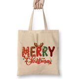 Merry Christmas Leopard Buffalo Red Plaid 01 Bez Çanta Uzun Saplı - Açık Bej - 40 X 40