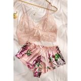 Merry See Dantel Büstiyerli Çiçekli Sütyen Şort Pijama Takımı - 2XL - Çok Renkli