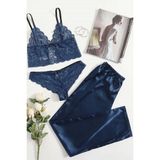 Merry See Dantel Sütyen Külot Saten Pijama Alt 3 Lü Takım Lacivert - XL