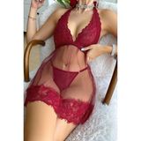Merry See Dantelli Transparan Tangalı Gecelik Takım - Kırmızı - 2XL