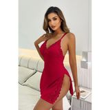 Merry See Dantelli Yanlardan Derin Yırtmaçlı Gecelik - Kırmızı - XS