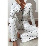 Merry See Kadın Kalp Baskılı Uzun Kollu Pijama Takımı Fiyonklu 2 Parça Beyaz