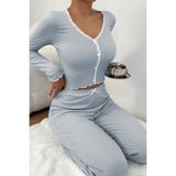Merry See Kadın Uzun Kollu Düğmeli Pijama Takımı Düz Desenli Şık Mavi Renk 2 Parça - XS