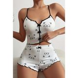 Merry See Kadın Yavru Kedi Desenli Askılı Pijama Takımı Fiyonklu ve Şortlu Tasarım - XL - Beyaz
