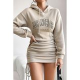Merry See Kapşonlu Yandan Büzgülü Ayarlı Baskılı Uzun Oversize Sweatshirt Elbise - XL - Bej