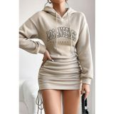 Merry See Kapşonlu Yandan Büzgülü Ayarlı Baskılı Uzun Oversize Sweatshirt Elbise