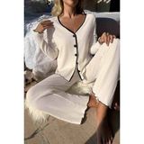 Merry See Özel Örme Kumaş Düğmeli Uzun Kollu Pijama Takımı - Beyaz - 2XL