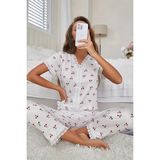 Merry See Özel Örme Kumaş Güpür Dantelli Kiraz Baskılı Kısa Kollu Pijama Takımı - Beyaz