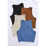Merry See Tek Renk 1 Adet Kadın Kolsuz Örme Kumaş Bluz Crop Mavi